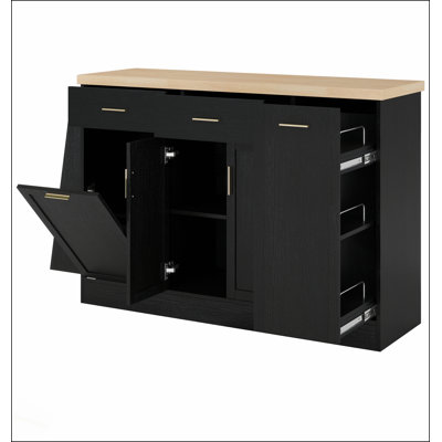 Multi-Functional Storage Sideboard with Sliding Door, Hidden Trash Can, and 3-Tier Spice Rack for Modern Kitchens