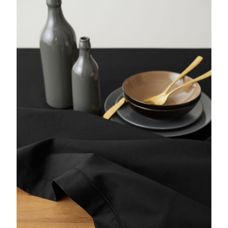 Cotton Linen Hemstitch Tablecloth, Black, 104" x 60"