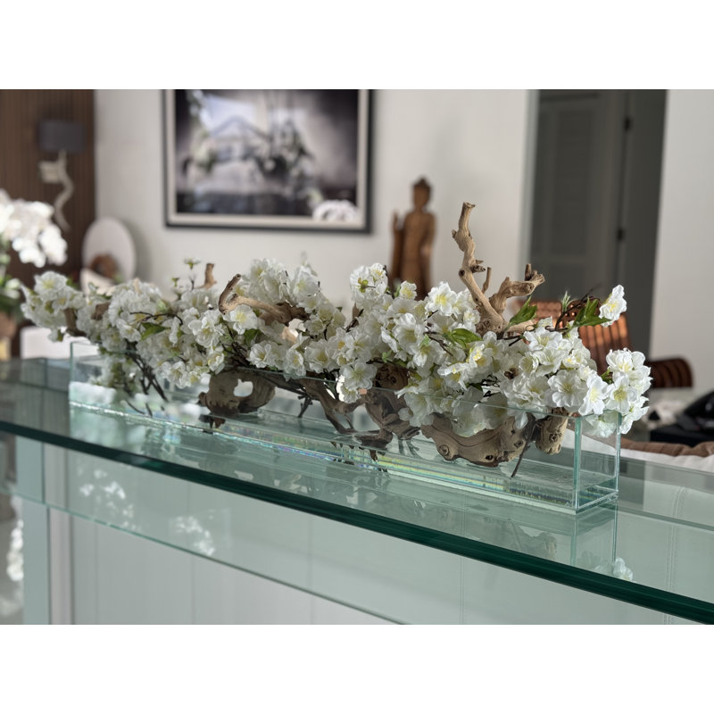 Cherry Blossoms In Glass Planter, 8" H x 50" W x 6" D