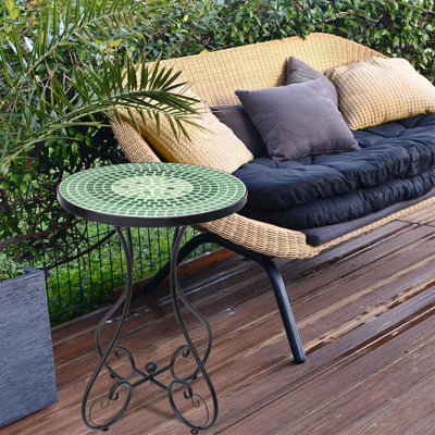 Outdoor Mosaic Side Table, Small Accent Patio Table With Mosaic Tile Top And Metal Frame, Green Weather-Resistant End Table For Porch, Beach, Garden, Balcony, And Outdoor Use