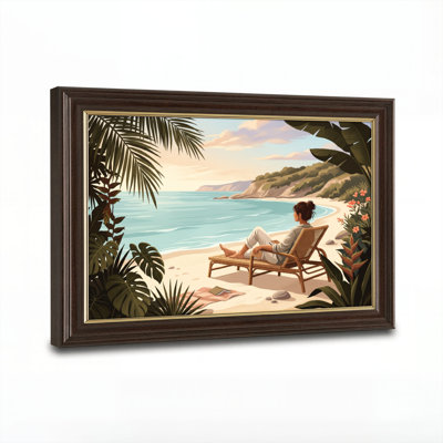 Art mural antique sur toile encadré doré pour le salon, la chambre à coucher, le bureau ou le vestibule - Décoration murale décorative avec plage tropicale