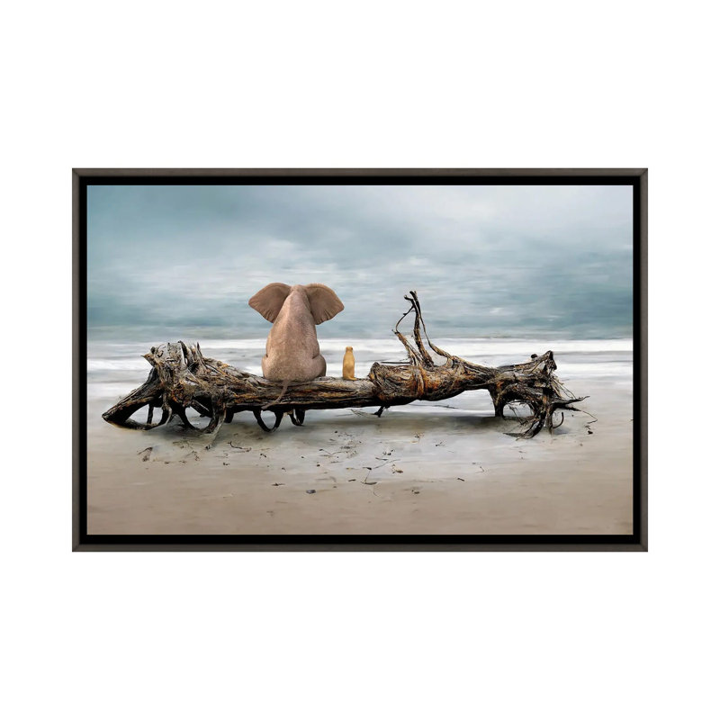 «Elephant And A Dog Are Sitting On Driftwood on Canvas» par Mike Kyiv, H 26 po x l 40 po x P 1 po