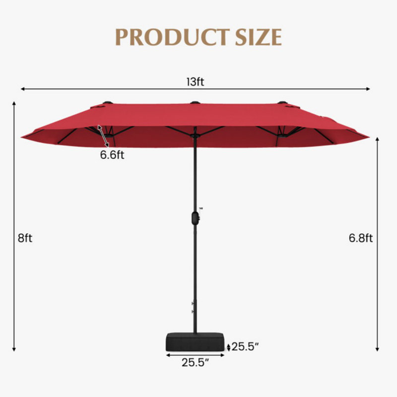 Parasol de table double 13 pieds avec manivelle 13 pi, Rouge vin