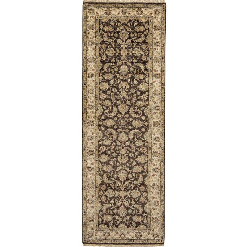 Tapis brun et crème noué à la main de haute qualité, Tapis de couloir 3 pi 8 po x 10 pi