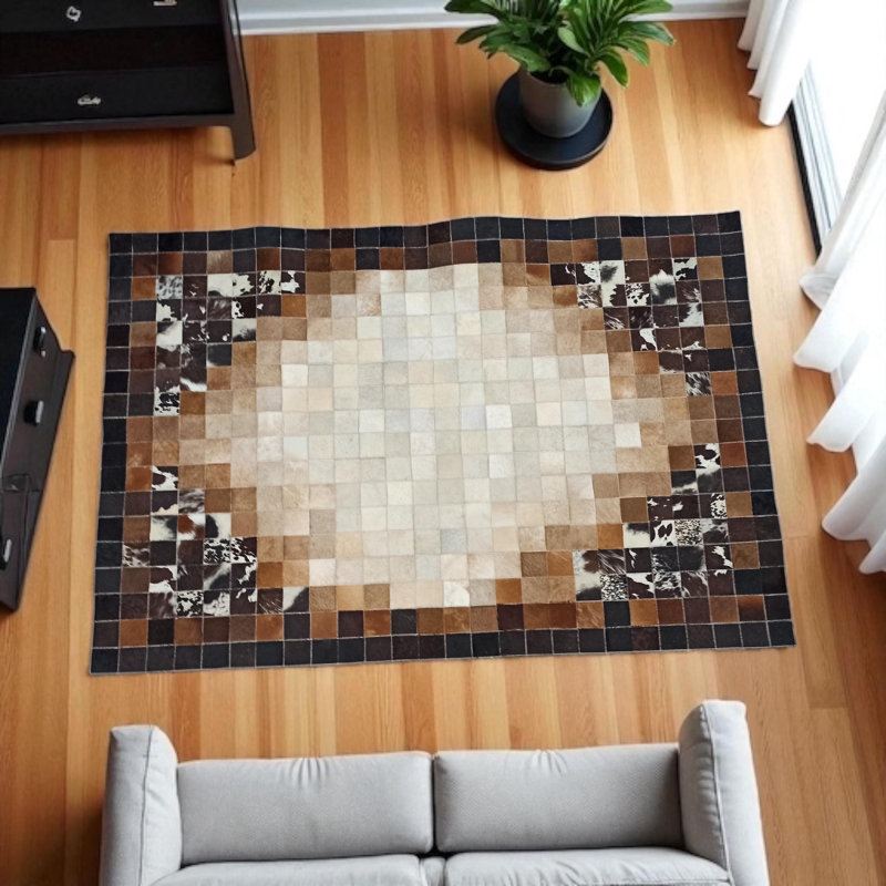 Tapis brun et crème en cuir de vache ombré, tapis de salon, Rectangle 9 pi 6 po x 13 pi 6 po