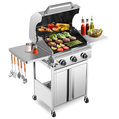 Stainless Steel 3-Burner Propane Gas Grill, 24,000Btu Sustained Heat For Perfect Grilling, With Foldable Side Tables & Stainless Steel Grates – Ideal For Outdoor Cooking, Backyards, Patios, Gardens & Decks