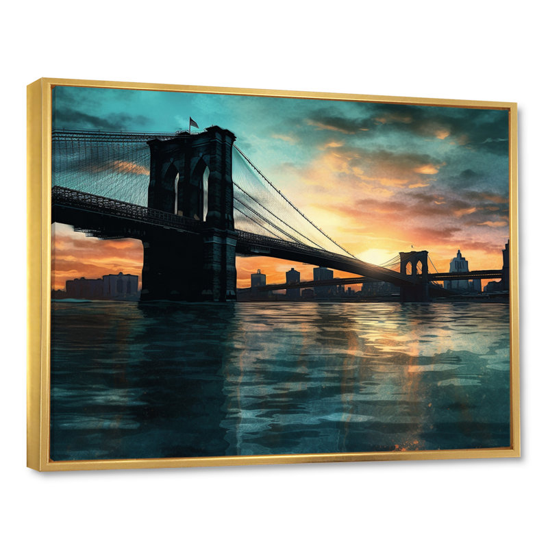 Green and Pink Brooklyn At Sunset, reproduction d'art sur toile, H 24 po x l 32 po x P 1 po, Cadre flottant doré