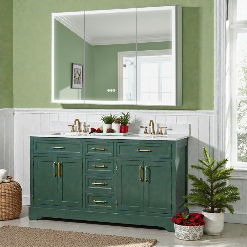 Tempered-Mirror Medicine Cabinet with Lights, Modern Edge-Lit Strip, Plug-in/Hardwired, Anti-Fog/3 Colors/Dimmable, Outlets&USBs, ETL Listed, Surface Mount/Recessed
