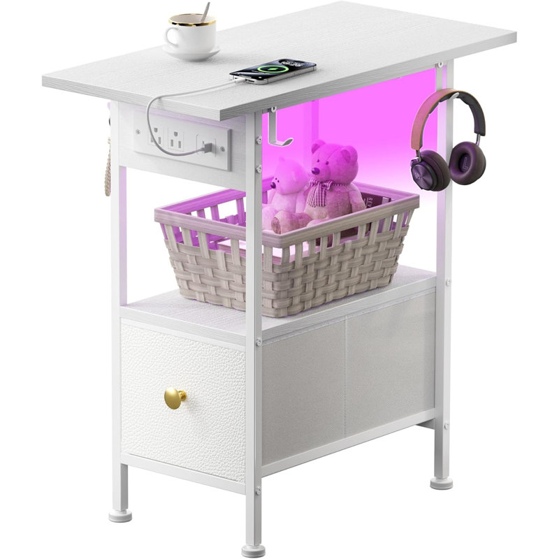 Narrow Side Table, End Table with Charging Station Bed Side Table Small Side Table Nightstand White