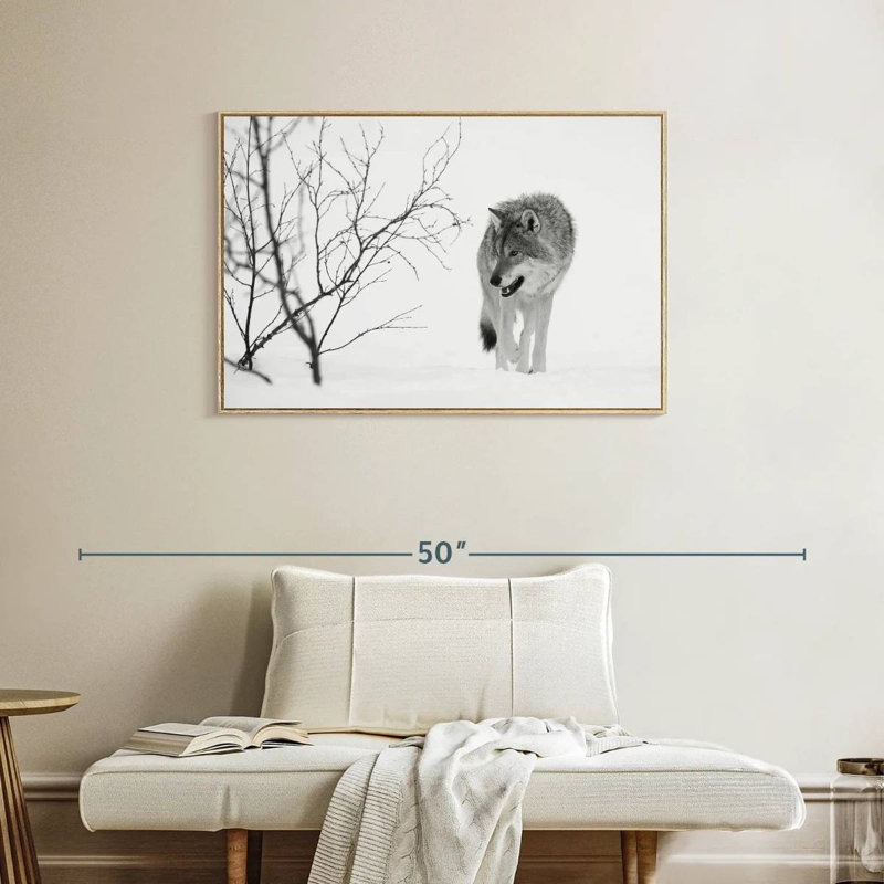 Chasse au loup d'hiver, Cadre flottant en bois naturel, 37 po x 25 po