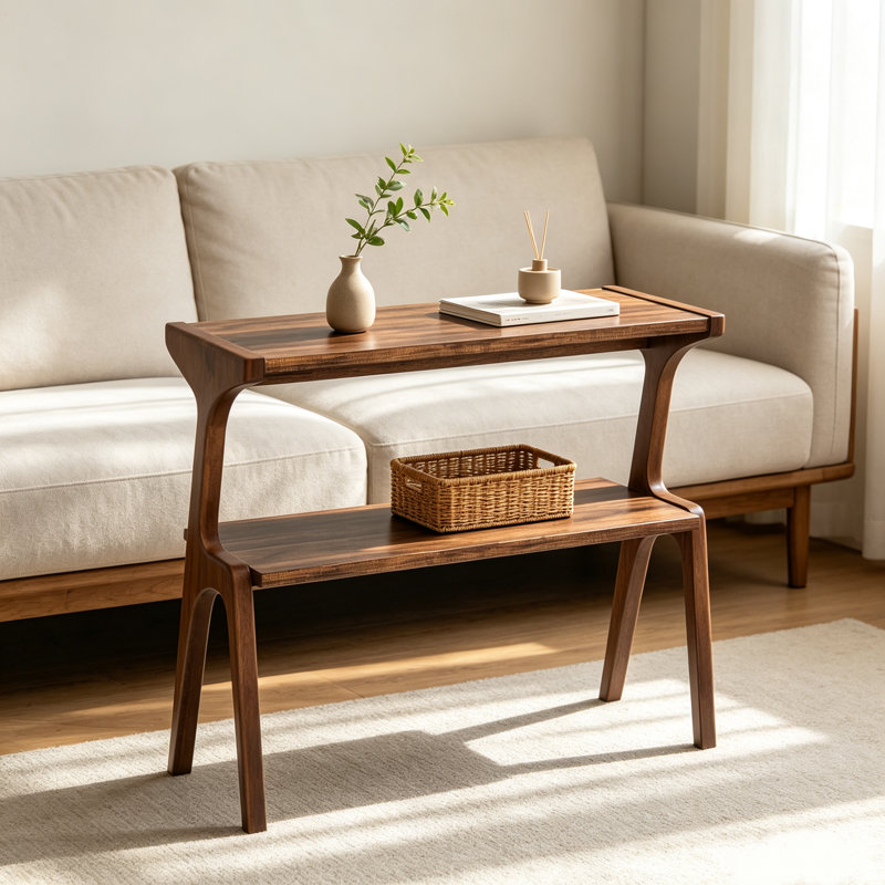 Table d'appoint rustique en bois massif brun, table de rangement à 2 niveaux pour entrée ou salon, 67 x 70 cm