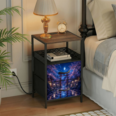 Table de chevet 2 tiroirs avec station de charge, table de chevet pour chambre avec ports USB et amp; Imprimé réfléchissant Outlets