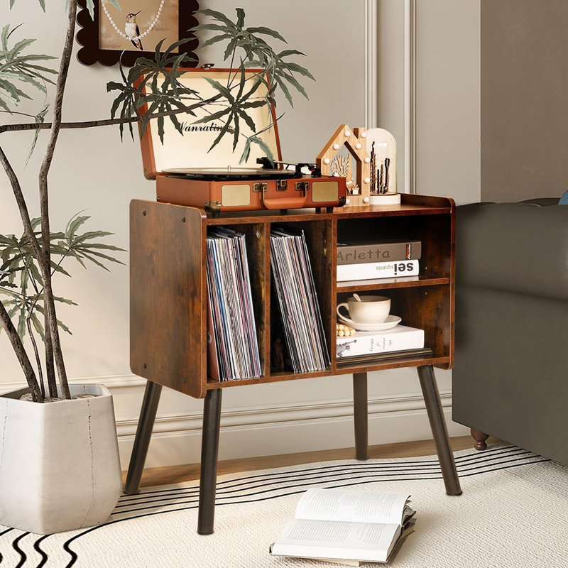 Vinyl Record Player Stand with Storage Holds 150+ Albums Mid-Century Turntable Side Table