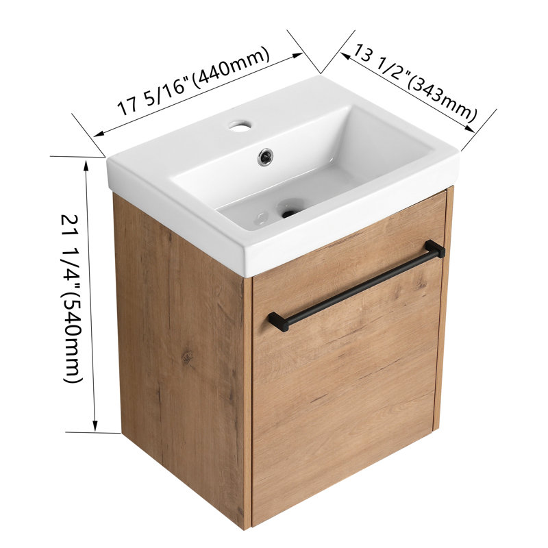 Meuble-lavabo mural de 18 po pour les petites salles de bain, lavabo en céramique, portes à fermeture en douceur, lavabo à finition lisse, poignée en métal, fabrication flottante en contreplaqué