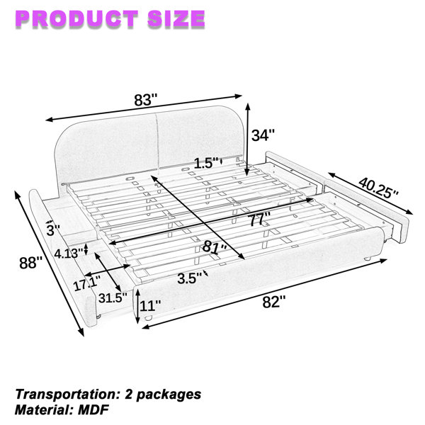 Ebern Designs King Size Upholstered Bed Frame With Curved Headboard & 4 ...