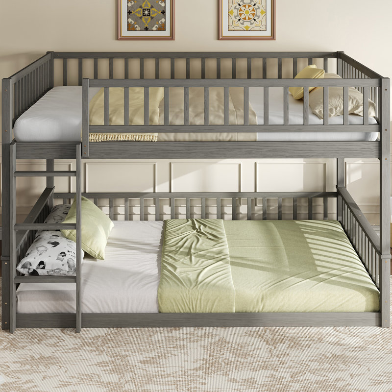 Lit superposé grand sur grand avec échelle et garde-corps - Lit en bois de pin peu encombrant pour enfants et adolescents, gris