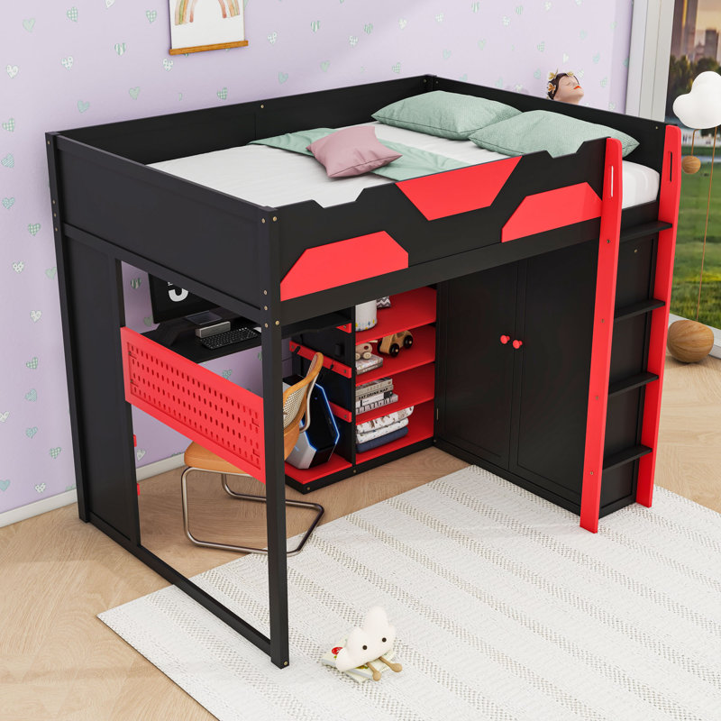 Full Wood Loft Bed with USB Charging, Pegboard and Storage, Red