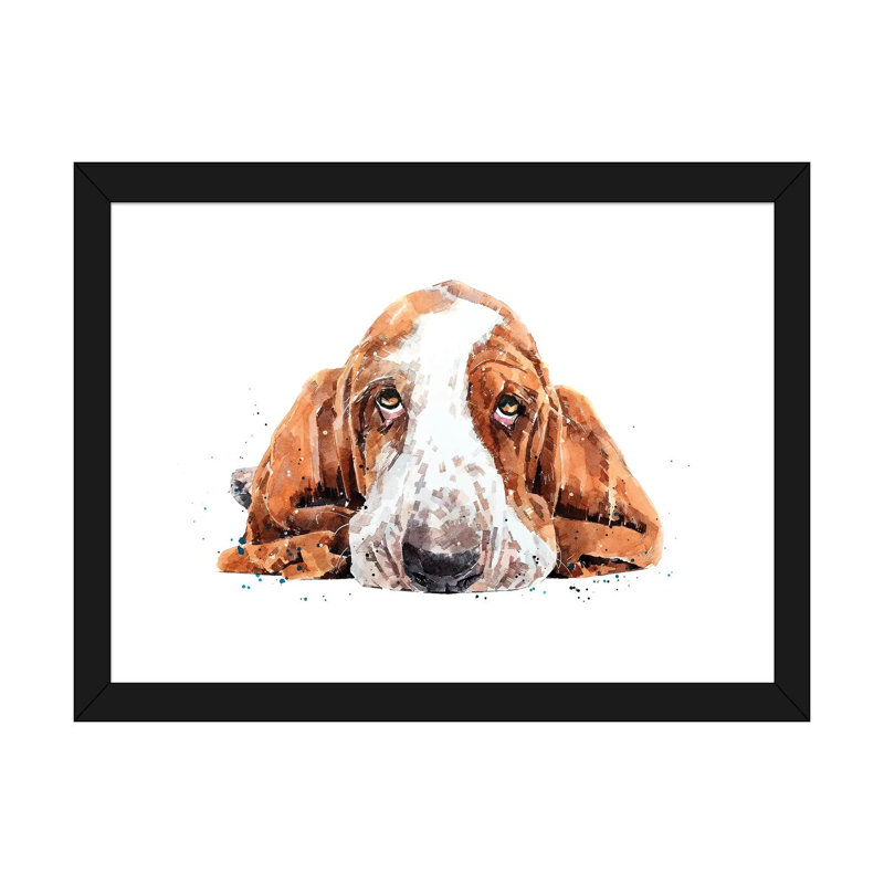 « Basset » par Edwatercolours-impression, H 24 po x l 32 po x P 1 po, Papier encadré noir, Blanc