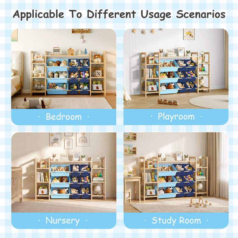 Organisateur de rangement de jouets - Organisateurs de jouets et rangement avec bibliothèque, tablette de rangement pour jouets avec 3 tablettes et 9 bacs de rangement, bibliothèque pour enfants et rangement pour jouets pour chambre d'enfant, salle de jeux, chambre de bébé
