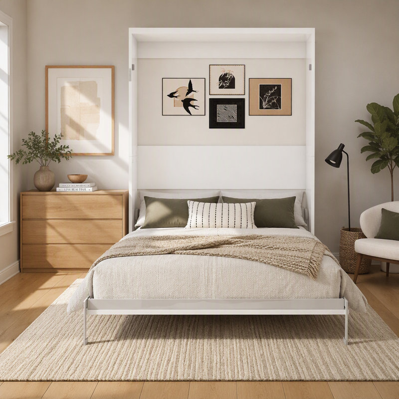 Wall Mounted Murphy Bed With Separate Manual Height Adjustable Desk, Space Saving Foldable Wall Bed & Computer Desk