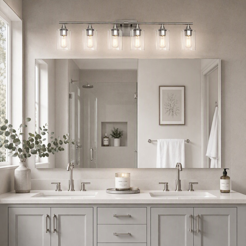 Applique murale 6 lumières en nickel nickel brossé pour salle de bain, verre cylindrique transparent, 6 lumières argent