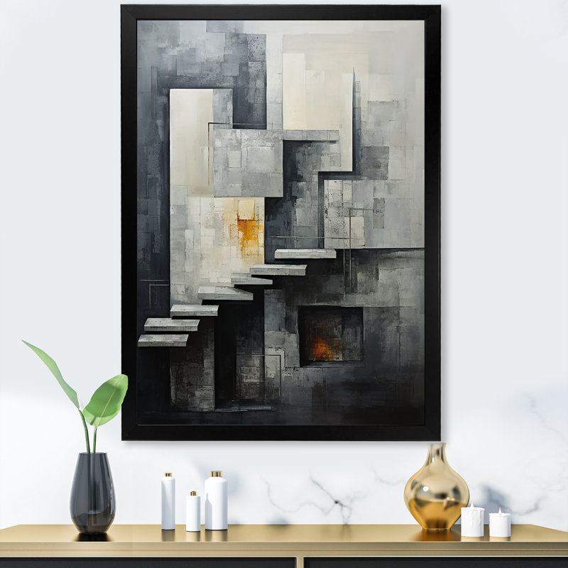 Décoration murale abstraite escalier argenté I - Formes abstraites, Cadre simple noir, H 44 po x l 34 po x P 1,5 po