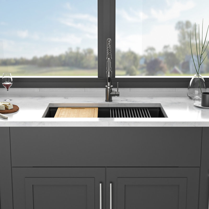 Évier de comptoir en granite noir de style station de travail 33 po x 19 po encastré avec avantages en quartz pour la cuisine