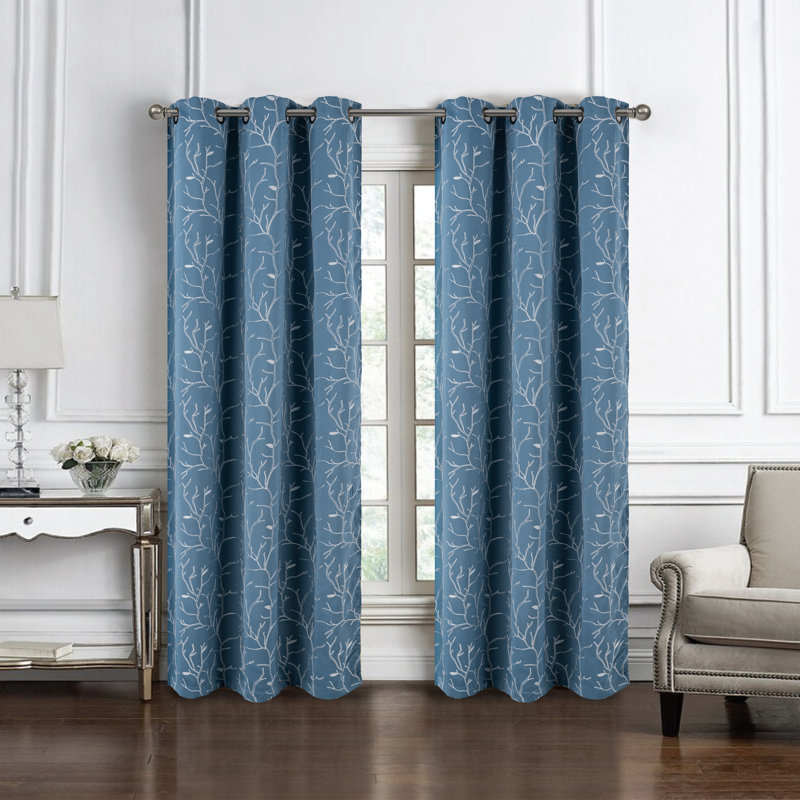 Kinnard Embroidered Branches Privacy Window Curtain, Wedgwood, 54" W x 90" L