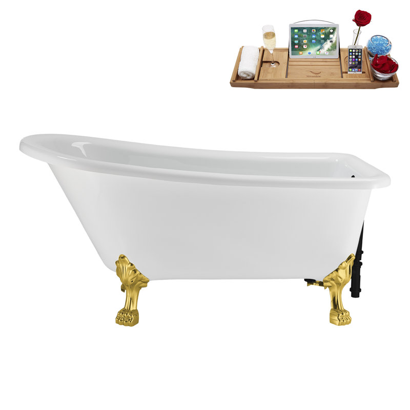 58" Streamlin Clawfoot Tub,Tray,Drain, Clawfeet, Polished Gold, Matte Black