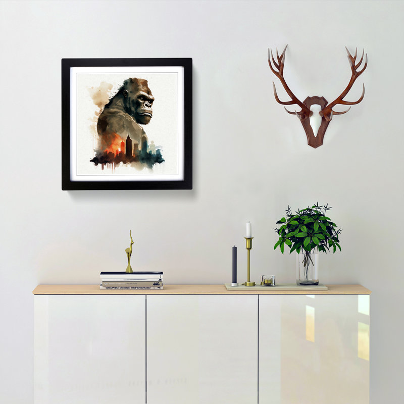 King Kong Watercolour - Single Picture Frame Print on Wood, Black