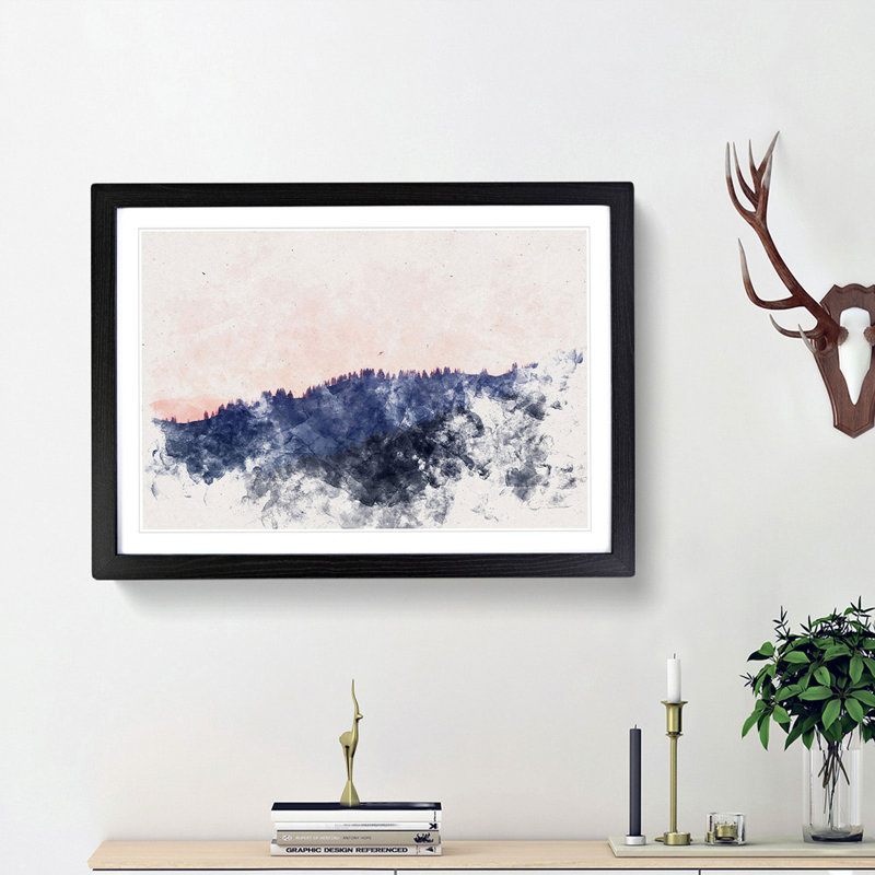 Pink Sunrise Over A Forest - Single Picture Frame Print on MDF, 33cm H x 45cm W x 2cm D, Black Framed