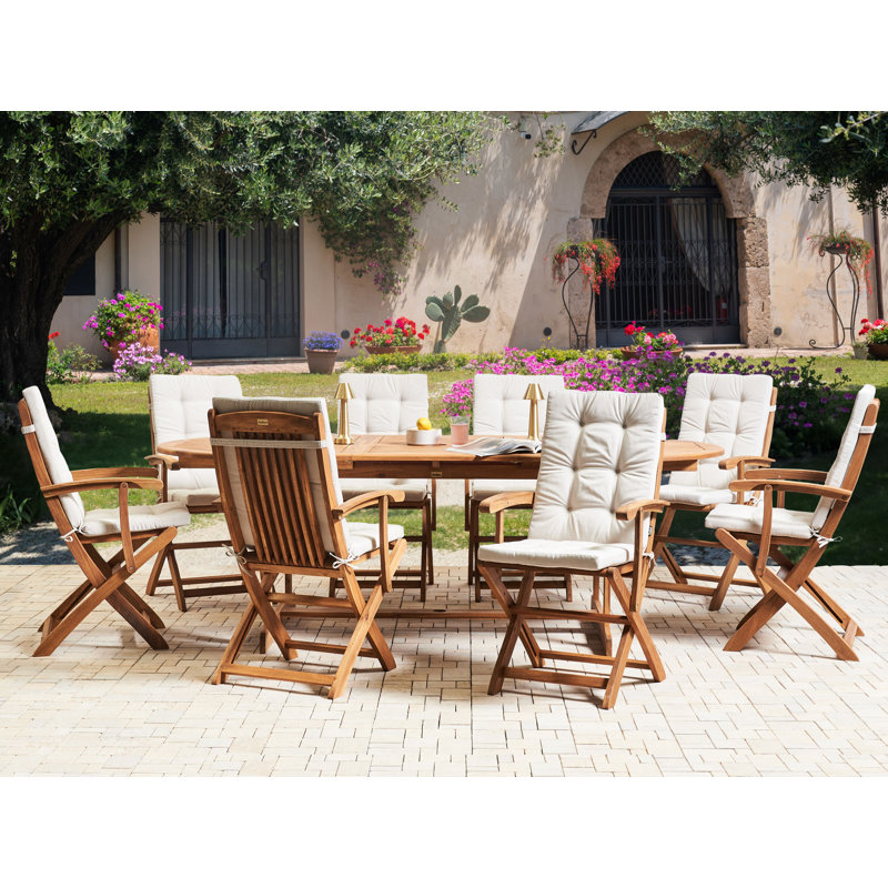 8 - Person Acacia Patio Dining Set with Oval Table , Cushions Included, Natural Wood/Beige