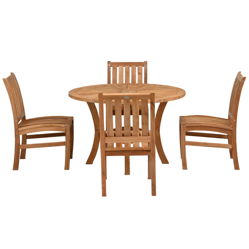 5 Piece Teak Wood Outdoor Patio Dining Set Including 47" Round Sun Table With 4 Abaco Side Chairs