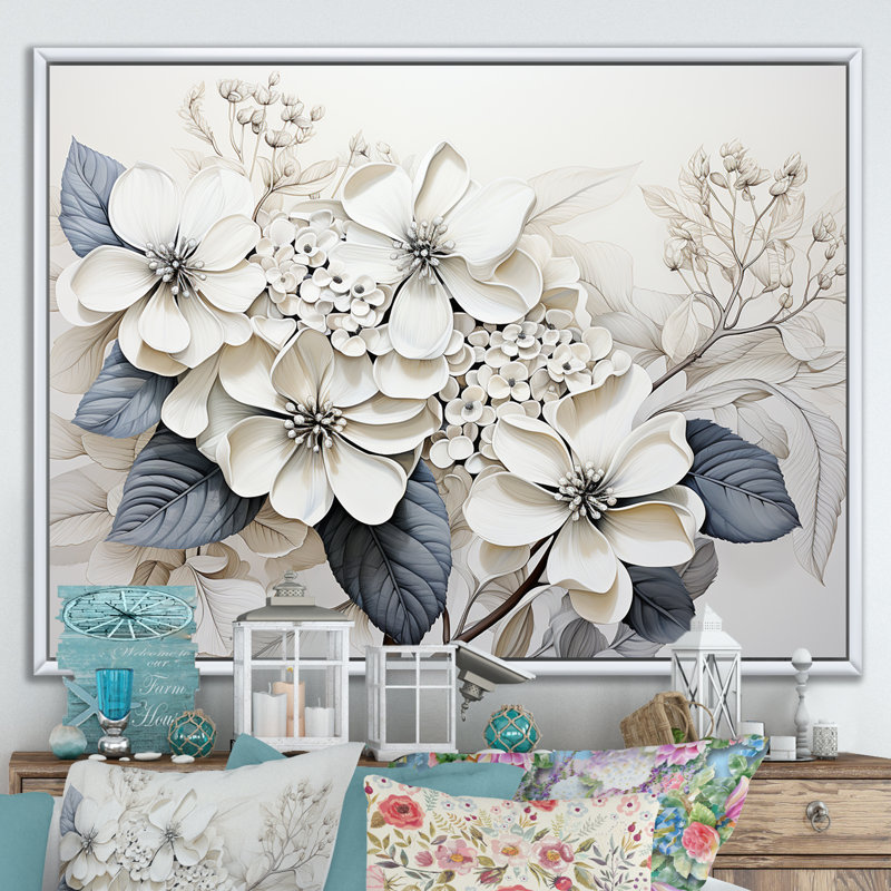 «Grey Minimalisme Hydrangea Delight I», reproduction sur toile, H 24 po x l 32 po x P 1 po, Cadre flottant blanc