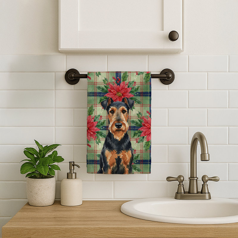 Airedale Terrier Christmas PoinsettIas Kitchen Towel, Black/Brown Airedale Terrier