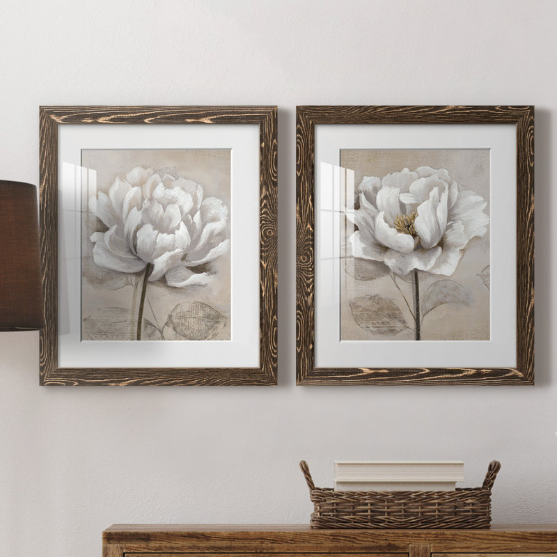 "Soft White I", ensemble de 2 reproductions d'art, Impression encadrée avec passe-partout, H 24 po x l 36 po, Noyer