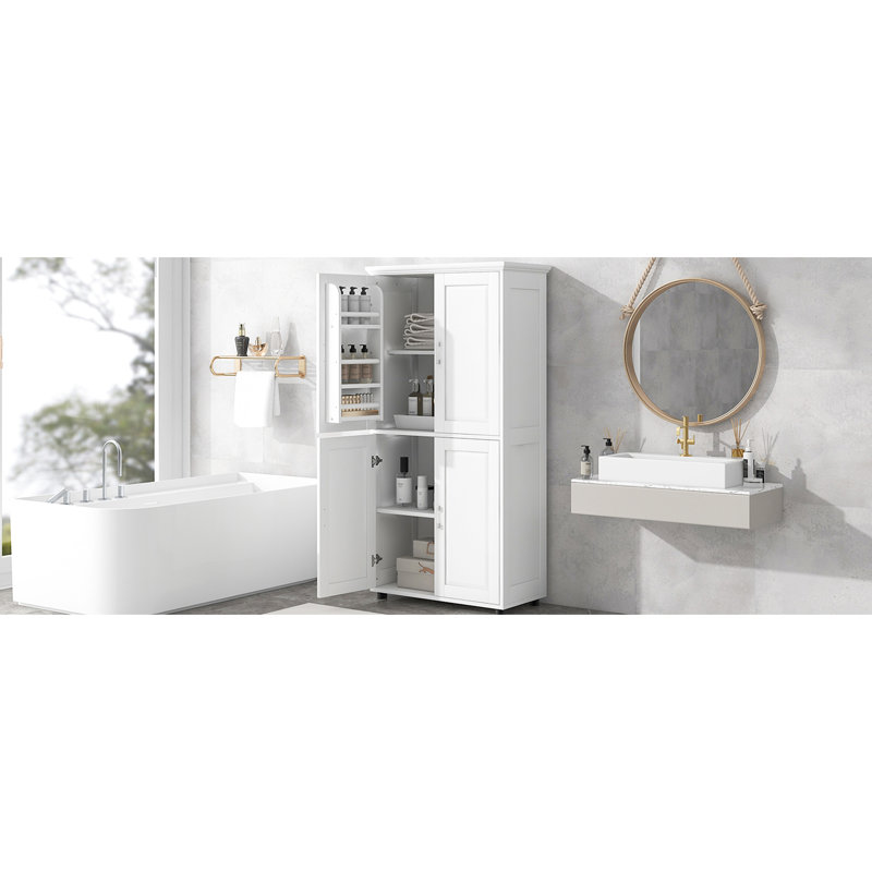 Tall And Space Bathroom Cabinet, 4 Doors, Adjustable Shelves, White Cabinet With Doors Made Of Board, For Hairdryer Shower Items Storage