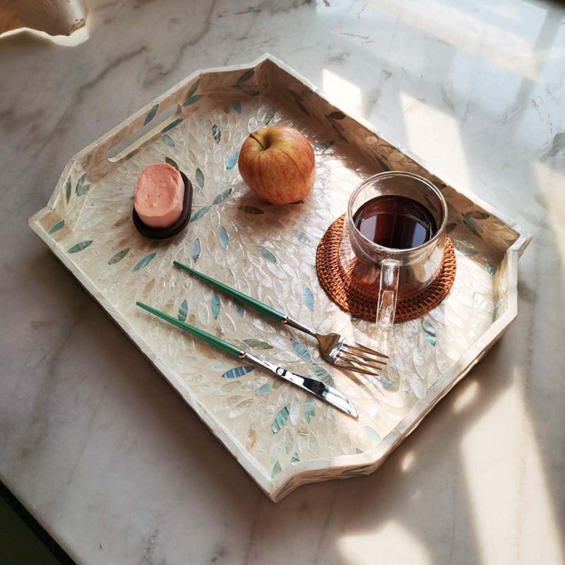 16 Inch Mother Of Pearl Tray Dodecagon, Large Lacquer Shell Tray With Handles And 2”Side, Decorative Shell Serving Tray Inlay Nacre Ottoman Tray For Coffee Table, Vanity Organizer, Breakfast