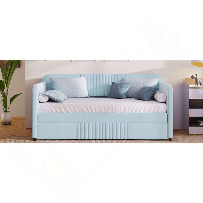 Upholstered Daybed Sofa Bed With Trundle Bed And Wood Slat, Light Blue