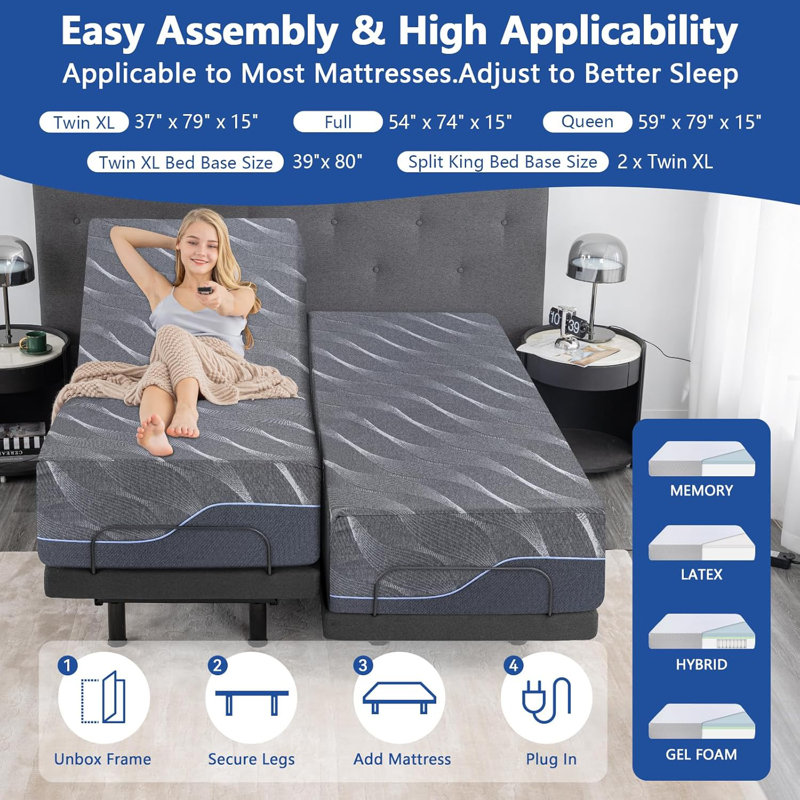 Twin XL Adjustable Bed Base With Mattress, 12 Inch Grey Gel Memory Foam Medium-Firm Mattress In Box, Adjustable Bed Frame With Wireless Remote Back Leg Lift+Adjustable Bed Legs+Child Lock , Memory Preset Position Electric Smart Bed