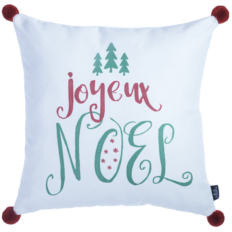 Christmas Joyeux Noel White and Red Throw Pillow Cover with Pompoms