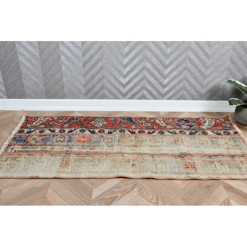 Handmade Small Wool Rug in Vintage Turkish Style Ideal for Entryway with Faded Oushak Pattern and Bohemian Design for Floor Decor