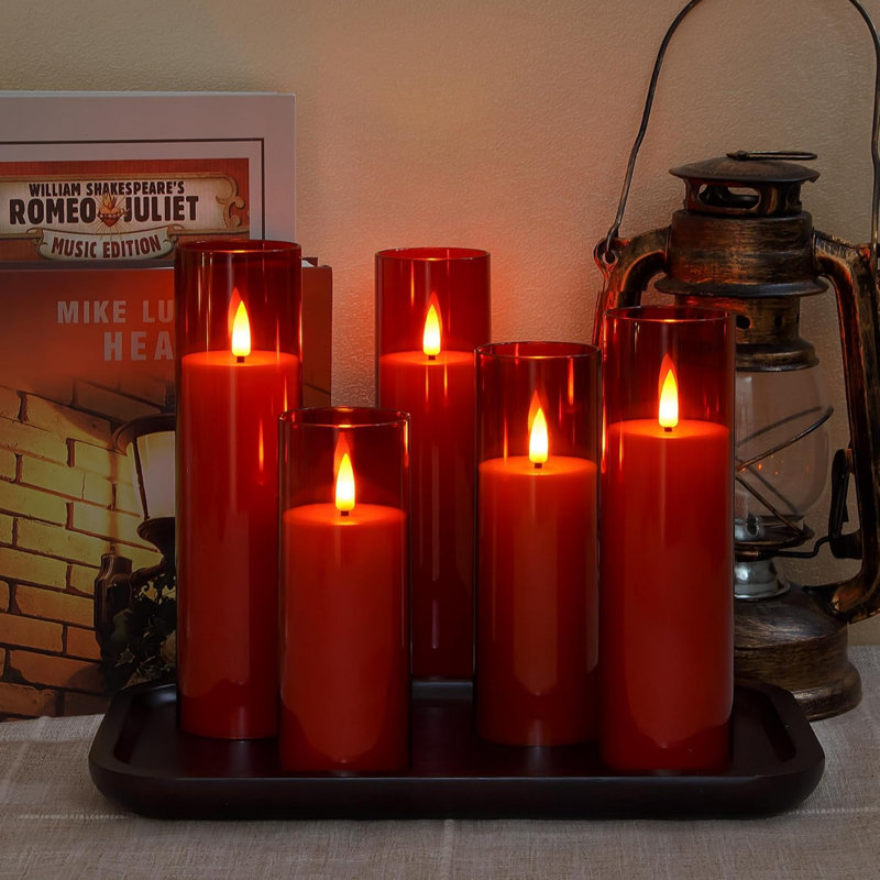 Acrylic Flameless Flickering LED Candles with Remote Control and Timer, Battery Operated Fake 5.5cm x 12.5 15 17.5 20 20cm Plastic Pillar Candles for Home Decor Long-Lasting, Red