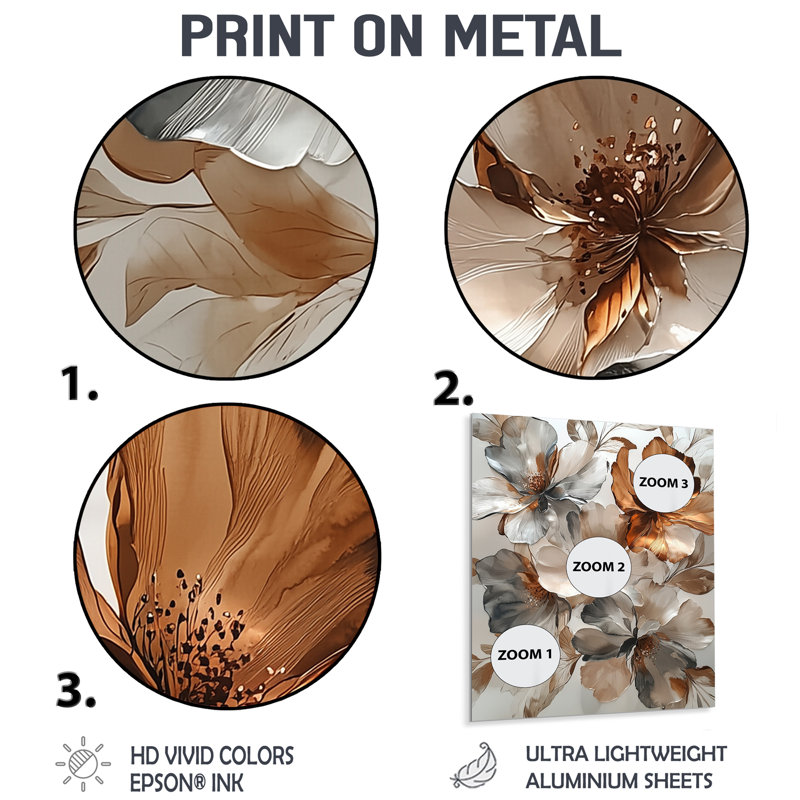Metallic Copper And Chrome Abstract Flowers II - Abstract Flowers Metal Wall Decor, 32" H x 24" W