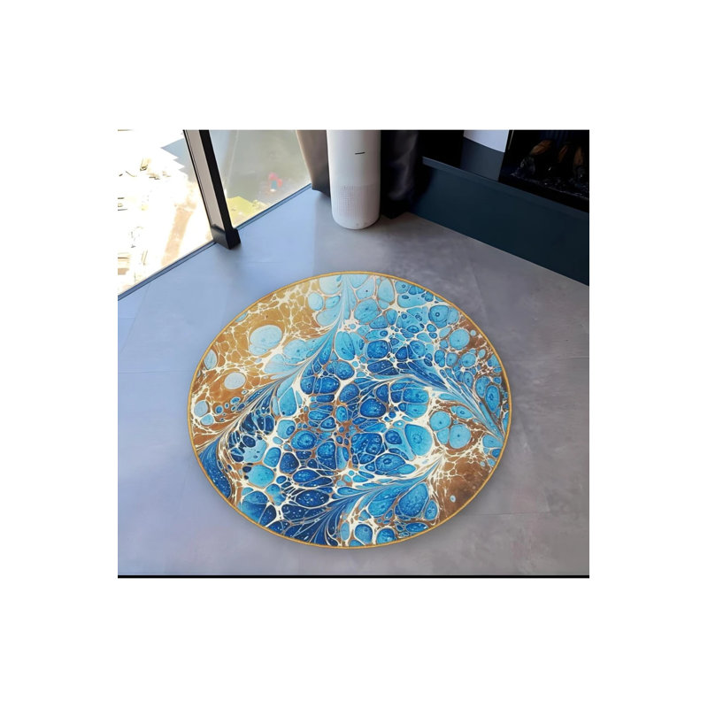 Blue Abstract Marbling Art Patterned Round Woven Base Modern Decorative Carpet, Round 3'4"