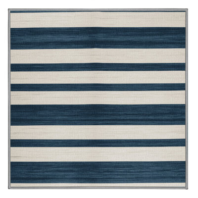 Washable Slate Blue White Striped Area Rug
