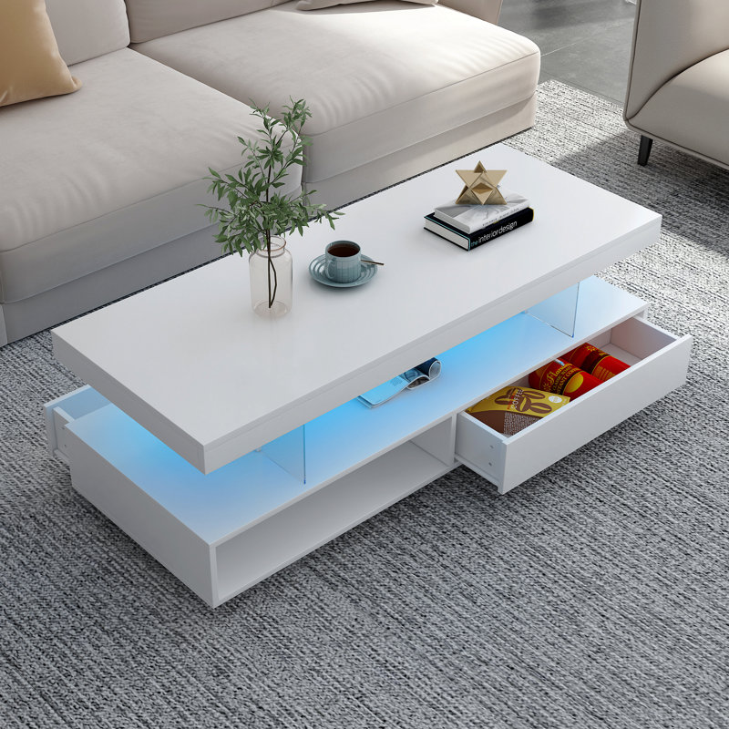 Table basse moderne à DEL avec 2 tiroirs et tablettes, White