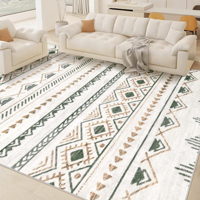 8'X10' Brown Green Boho Geometric Area Rug, Soft Modern Non-Slip Washable Carpet - Foldable Non-Shedding Floor Mat For Living Room, Bedroom, Office & Dining Room