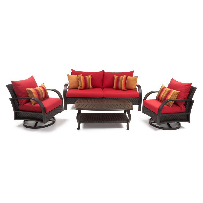 Kechia Wicker/Rattan 6 Person Seating Group with Sunbrella Cushion Covers, Canvas Jockey Red Sunbrella® Canvas