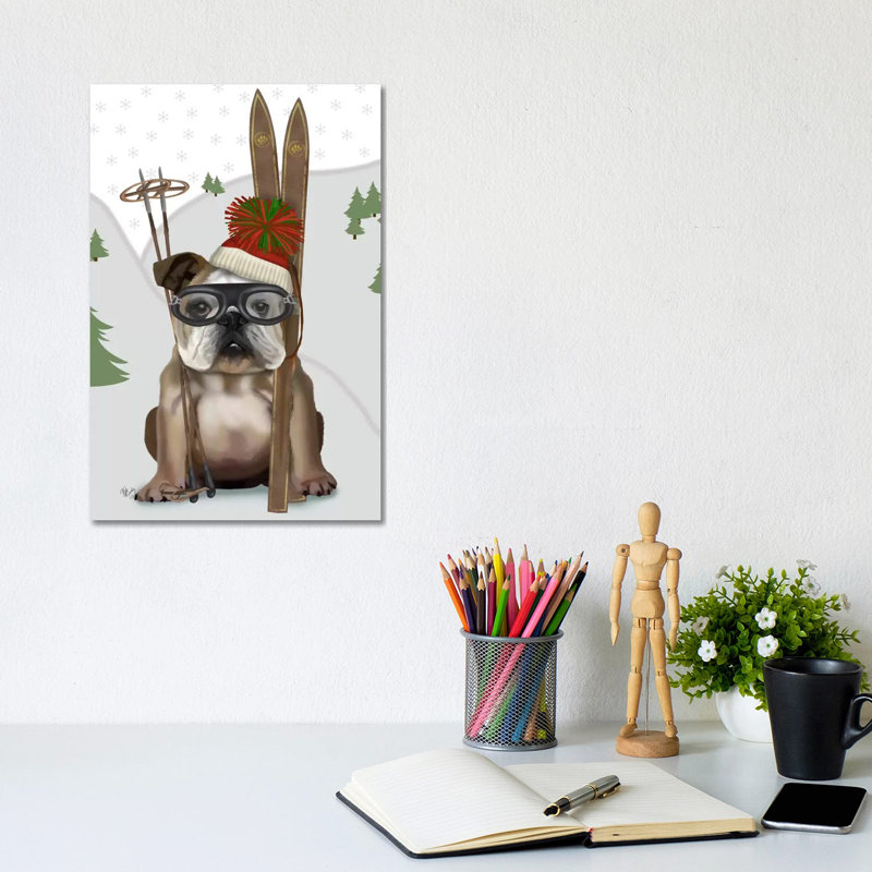 English Bulldog, Skiing by Fab Funky - Wrapped Canvas Print, 20.32 cm H x 30.48 cm W